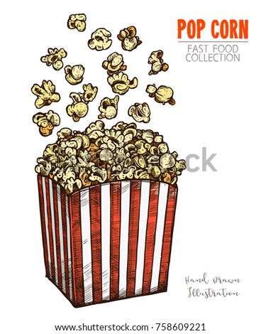 Package full of popcorn and popping corn. Classic striped white-and-red cardboard box with traditional movie snack. Color image in engraving style. Vector illustration isolated on white background