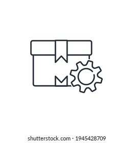 Paquete y equipo. Proceso de empaquetado de entrega de productos. Icono lineal vectorial aislado en fondo blanco.
