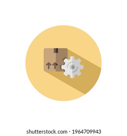 Package and gear. Shipping box. Current order. Flat icon in a circle. Commerce vector illustration