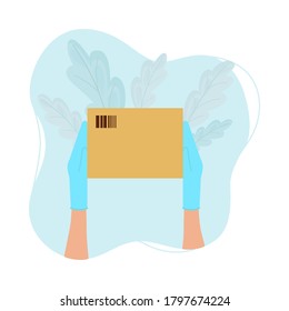 Package in gloved hands. Colorful flat poster. Stock vector illustration.