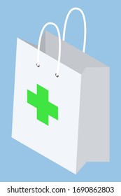 Package with green cross isolated icon closeup. Package with medicine bought from drug store or pharmacy. Healthcare hospital or clinic service of prescription supplying. Vector in isometric style