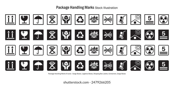 Package Handling Marks Icons - Cargo Boxes, Logistics Boxes, Shipping Box Labels, Containers