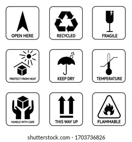 Package handling signs and symbols for delivery and cargo. Isolated vector illustration.