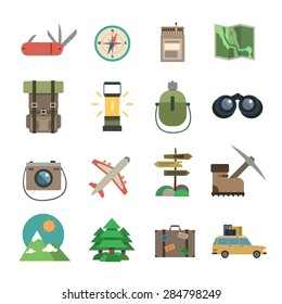 Package holiday hiking tour accessories flat icons set of compass map and camera abstract isolated vector illustration