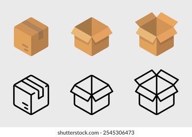 Package icon. Cardboard box mockup. Shipping carton open and closed box with breakable signs. Delivery symbol. Transportation packing pictogram.