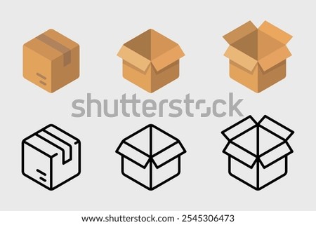 Package icon. Cardboard box mockup. Shipping carton open and closed box with breakable signs. Delivery symbol. Transportation packing pictogram.