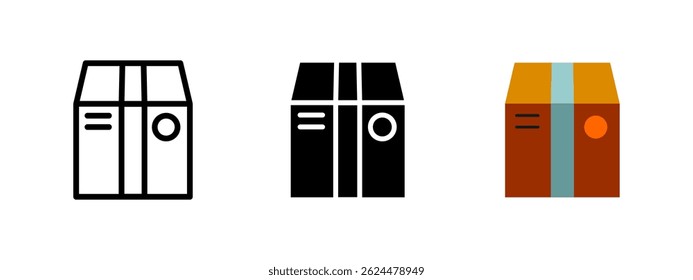 Package icon. Closed cardboard parcel with sealing strip vector illustration. Symbol of shipping and delivery service. Postal logistics and e-commerce packaging sign. Cargo handling pictogram.