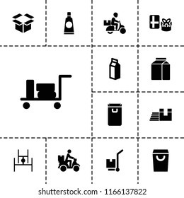 Package icon. collection of 13 package filled icons such as luggage, shopping bag, gift, milk, cargo on cart, courier on motorcycle. editable package icons for web and mobile.