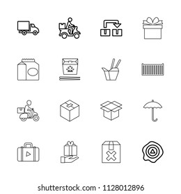 Package icon. collection of 16 package outline icons such as arrow up, courier on motorcycle, delivery car, object move, luggage. editable package icons for web and mobile.