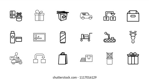 Package icon. collection of 18 package outline icons such as luggage, shopping bag, box, gift, chinese fast food, bar code scanner. editable package icons for web and mobile.