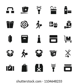 Package icon. collection of 25 package filled icons such as luggage, cream tube, cream, shopping bag, gift, chinese fast food, box. editable package icons for web and mobile.