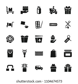 Package icon. collection of 25 package filled icons such as luggage, paints, shopping bag, gift, milk, cereal, cargo box, cargo tag. editable package icons for web and mobile.