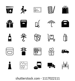 Package icon. collection of 25 package filled and outline icons such as cream tube, box, cargo only in box allowed. editable package icons for web and mobile.