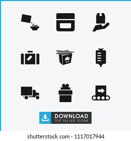 Package icon. collection of 9 package filled icons such as luggage, cream, chinese fast food, drop counter, cereal. editable package icons for web and mobile.