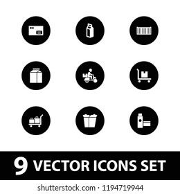 Package icon. collection of 9 package filled icons such as parcel, milk, cargo box, cargo on cart, luggage, take away food. editable package icons for web and mobile.