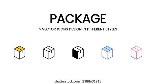 Diseño de iconos de paquete en estilo Cinco con barra de trabajo editable. Línea, Sólido, Línea plana, Color de tono Duo y Línea de degradado de color. Adecuado para diseño de páginas Web, aplicaciones móviles, UI, UX y GUI.