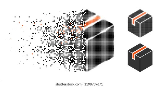 Package icon in dissolved, pixelated halftone and undamaged whole versions. Pixels are combined into vector dissipated package icon. Disappearing effect uses rectangular pixels.