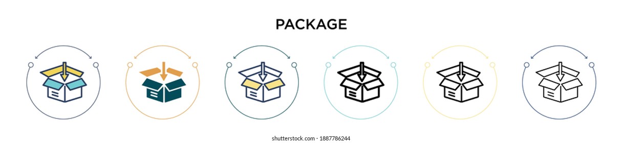 Icono de paquete con estilo relleno, delgado, contorno y trazo. Ilustración vectorial de dos diseños de iconos vectoriales de paquetes de color y negro se pueden utilizar para móviles, ui, web