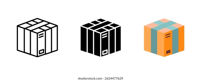 Icono de paquete. Caja de cartón isométrica con cinta adhesiva y Ilustración vectorial de etiquetas. Símbolo del paquete y del envío para la entrega y la señal de los servicios de la logística. Correo postal y pictograma de carga.