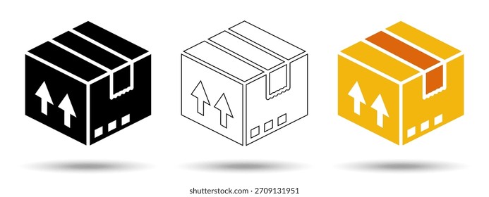 Paketsymbol. Paketsymbol auf weißem Hintergrund, einzeln. Das Icon hat drei Verwendungen in Anwendungen und Websites. Vektorgrafik. Paketsymbol auf weißem Hintergrund.