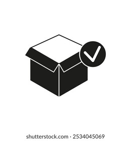 Icono de paquete. Símbolo de caja abierta. Vector de validación de marca de verificación. Signo de confirmación de entrega.