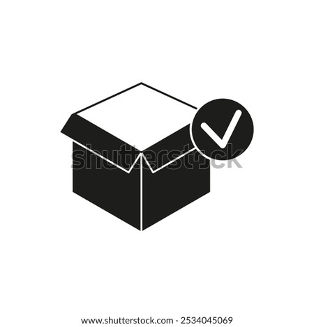 Package icon. Open box symbol. Checkmark validation vector. Delivery confirmation sign.