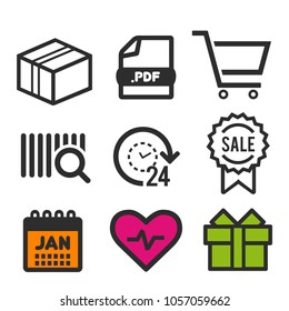 Package icon. PDF document symbol. 24 hour open icon. Shopping and sale signs. Heart and Birthday icons. Eps10 Vector.