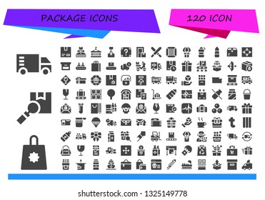 package icon set. 120 filled package icons.  Simple modern icons about  - Truck, Shopping bag, Package, Cardboard, Ship, Container, Surprise, Box, Chocolate, Boxes, Gift, Bottle