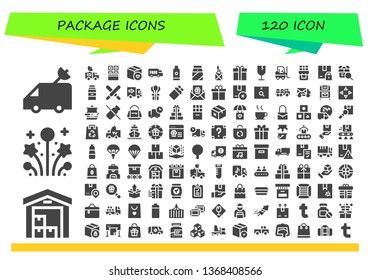 package icon set. 120 filled package icons.  Simple modern icons about  - Van, Delivery, Fireworks, Chocolate, Package, Shipping, Shampoo, Milk, Gift box, Fragile, Forklift, Gift