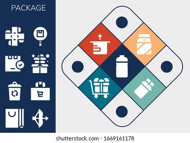 Paket-Icon-Set. 13 gefüllte Paketsymbole.  Einfache, moderne Symbole wie: Flasche, Einkaufstasche, Beutel, Container, Packung, Box, Milch, Geschenk, Schokolade