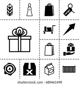 Package icon. set of 13 filled and outline package icons such as luggage, shopping bag, cargo box, cargo tag, arrow up, cargo, gift on hand, arrow, question box, cream tube