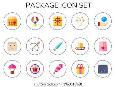 package icon set. 15 flat package icons.  Simple modern icons about  - delivery, bag, parachute, bow, gift, cutter, fireworks, conveyor, cube, shopping bag, gift box