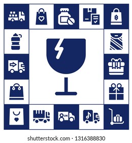 package icon set. 17 filled package icons.  Simple modern icons about  - Truck, Bottle, Delivery truck, Fragile, Shopping bag, Bag, Gift, Gift bag, Van, Delivery, Delivery cart