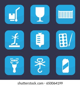 Package icon. set of 9 filled package icons such as paints, drop counter, cargo box, fragile cargo, no standing nearby, bar code scanner