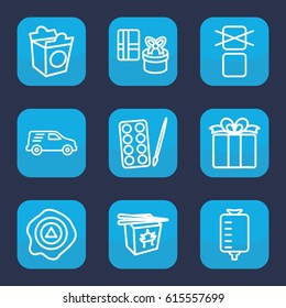 Package icon. set of 9 outline package icons such as paints, chinese fast food, take away food, drop counter, arrow up, cargo only in box allowed, delivery car, present
