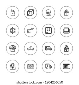 Package icon set. collection of 16 outline package icons with bag, cargo, box, cube, delivery truck, gift, gum, merchandise, package, pick up, present, truck icons.