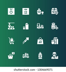package icon set. Collection of 16 filled package icons included Delivery man, Bottle, Shelf, Shopping bag, Milk, Bag, Fireworks, Delivery cart, Mail truck, Truck, Conveyor, Package