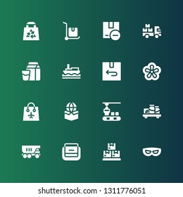 package icon set. Collection of 16 filled package icons included Mask, Boxes, Bag, Truck, Shelf, Conveyor, Package, Violet, Return, Ship, Milk, Delivery truck, Delivery cart