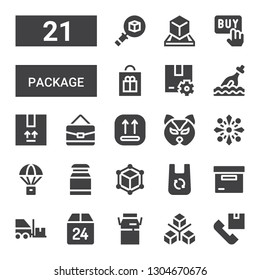 package icon set. Collection of 21 filled package icons included Shipping, Cube, Milk, Box, Forklift, Bag, Parachute, Fireworks, Mask, Package, Bottle, Shopping bag, Buy