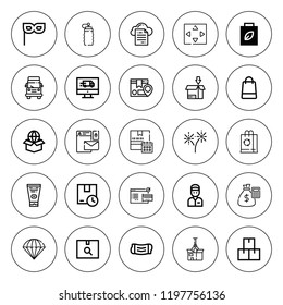 Package icon set. collection of 25 outline package icons with bag, branding, bottle, box, conveyor, delivery man, fireworks, delivery, hair conditioner icons. editable icons.