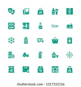 package icon set. Collection of 25 filled package icons included Bag, Conveyor, Offer, Box, Paper bag, Fireworks, Bottle, Delivery truck, Bottles, Cereal, Shopping bag, Mail truck