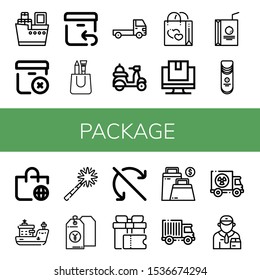 package icon set. Collection of Shipping, Delete package, Return, Shopping bag, Truck, Delivery, Bag, Tracking, Juice box, Crisps, Worldwide shipping, Ship, Firework, Price tag icons