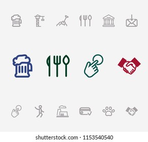Package icon set and dance with restaurant, university and factory. Ale related package icon vector for web UI logo design.