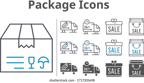 package icon set included gift, shopping bag, package, delivery truck icons