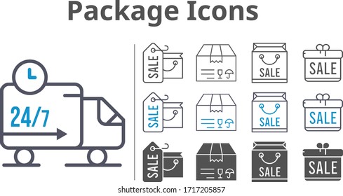 package icon set included gift, shopping bag, package, delivery truck icons