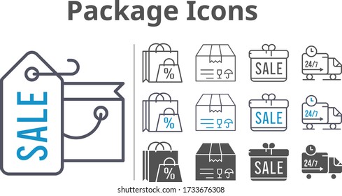package icon set included gift, shopping bag, package, delivery truck icons