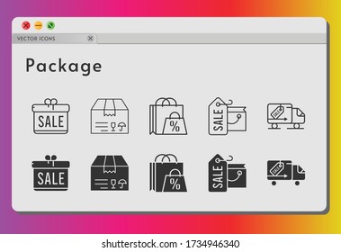 package icon set. included gift, shopping bag, package, delivery truck icons on white background. linear, filled styles.