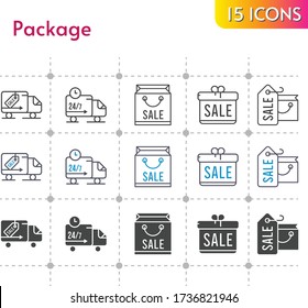 Paket-Symbol gesetzt. Geschenk, Einkaufstasche, LKW-Icons auf weißem Hintergrund. linear, bicolor, gefüllt Stile.