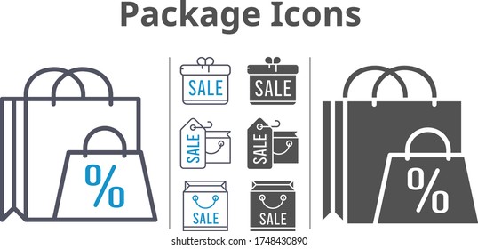 conjunto de iconos de paquete incluido regalo, iconos de bolsas de compras