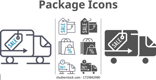 package icon set included shopping bag, delivery truck icons